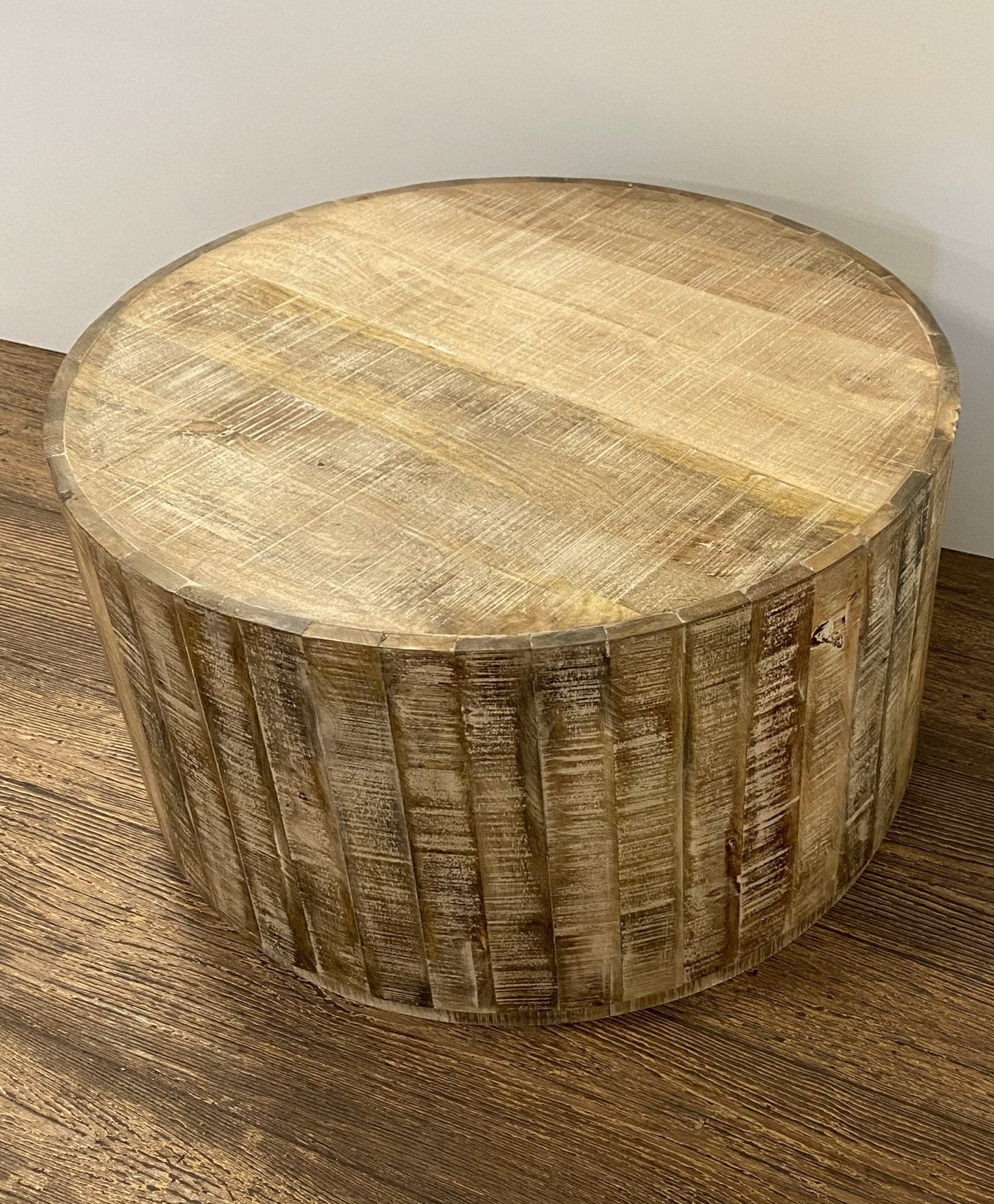32" Brown Solid Wood Round Distressed Drum Coffee Table