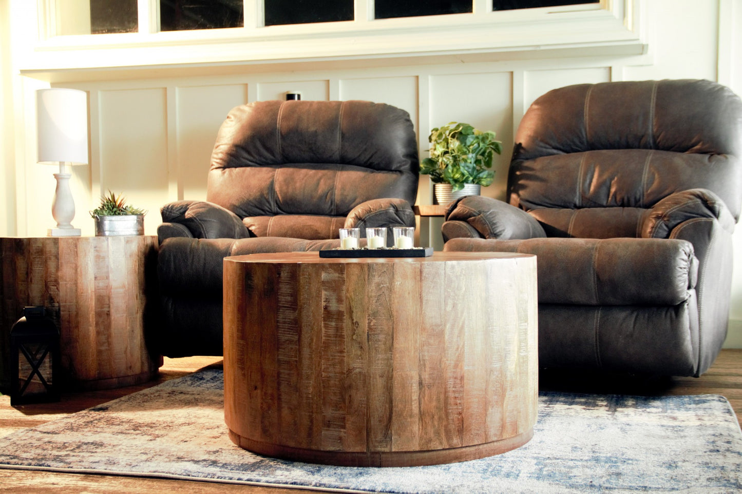 32" Brown Solid Wood Round Distressed Drum Coffee Table