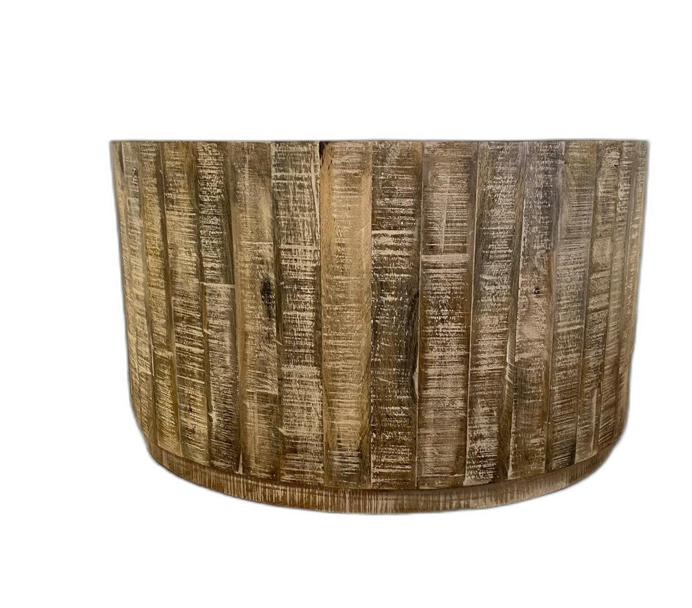 32" Brown Solid Wood Round Distressed Drum Coffee Table
