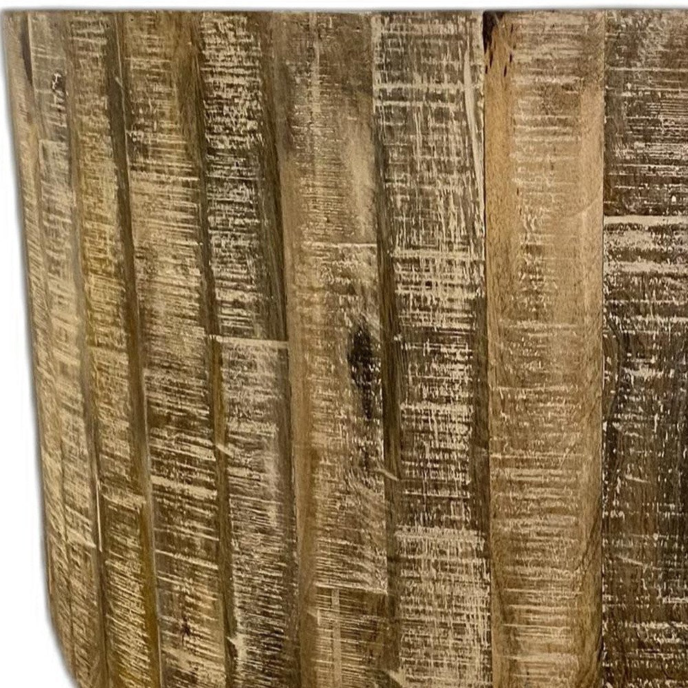 32" Brown Solid Wood Round Distressed Drum Coffee Table