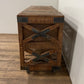 18" Brown and Black Solid Wood Distressed Wheel Console Table With Shelves And Drawers