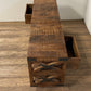 18" Brown and Black Solid Wood Distressed Wheel Console Table With Shelves And Drawers