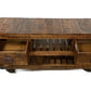 18" Brown and Black Solid Wood Distressed Wheel Console Table With Shelves And Drawers