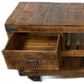 18" Brown and Black Solid Wood Distressed Wheel Console Table With Shelves And Drawers
