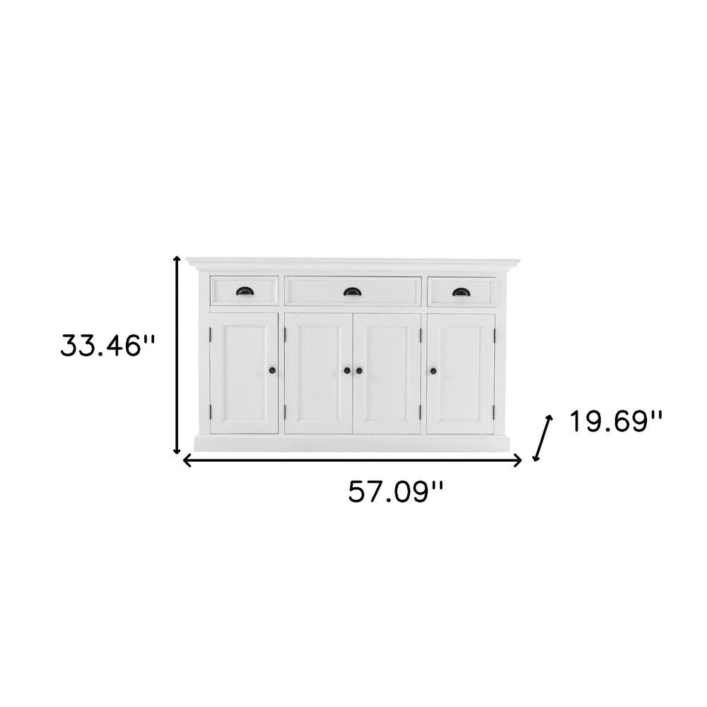 57" White Solid Wood Three Drawer Sideboard
