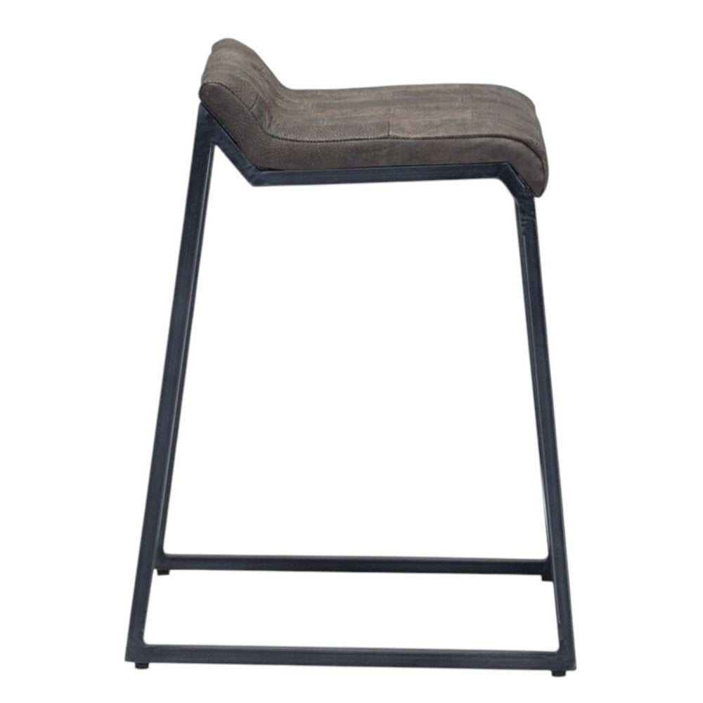 25" Brown And Black Leather And Genuine Leather And Iron Low Back Counter Height Bar Chair