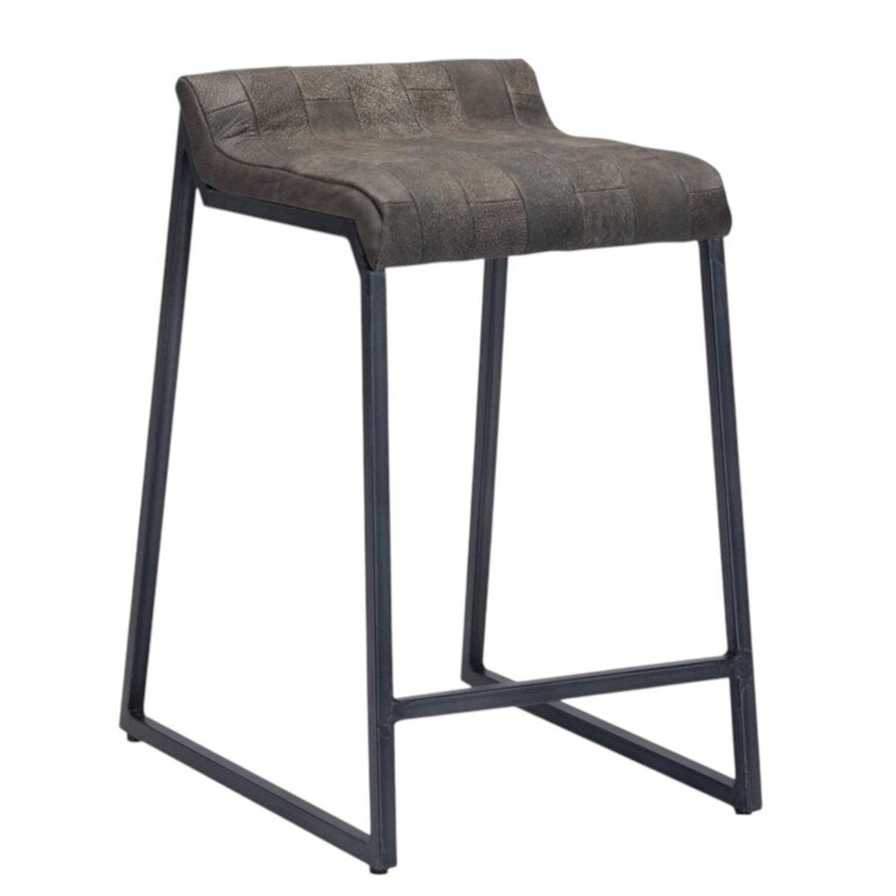 25" Brown And Black Leather And Genuine Leather And Iron Low Back Counter Height Bar Chair