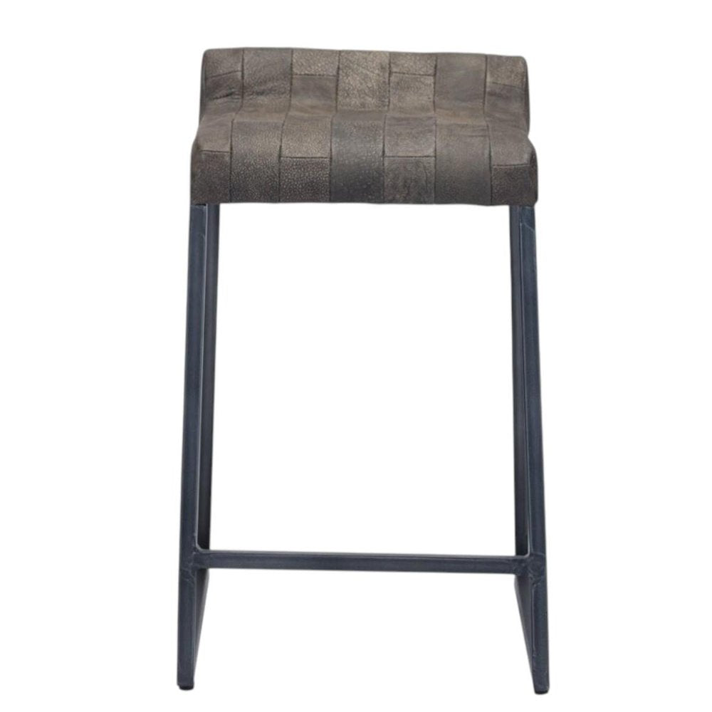 25" Brown And Black Leather And Genuine Leather And Iron Low Back Counter Height Bar Chair
