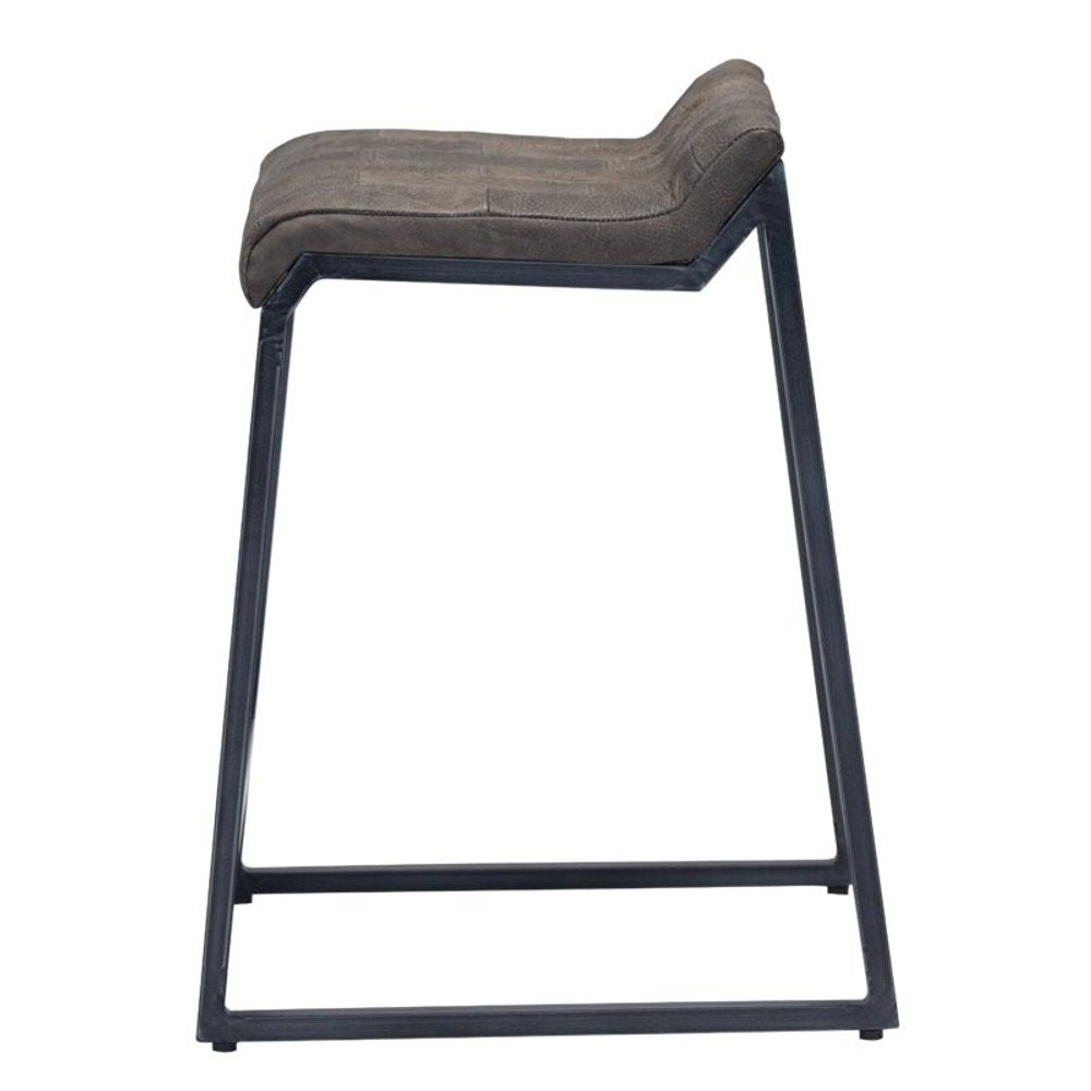 25" Brown And Black Leather And Iron Low Back Counter Height Bar Chair