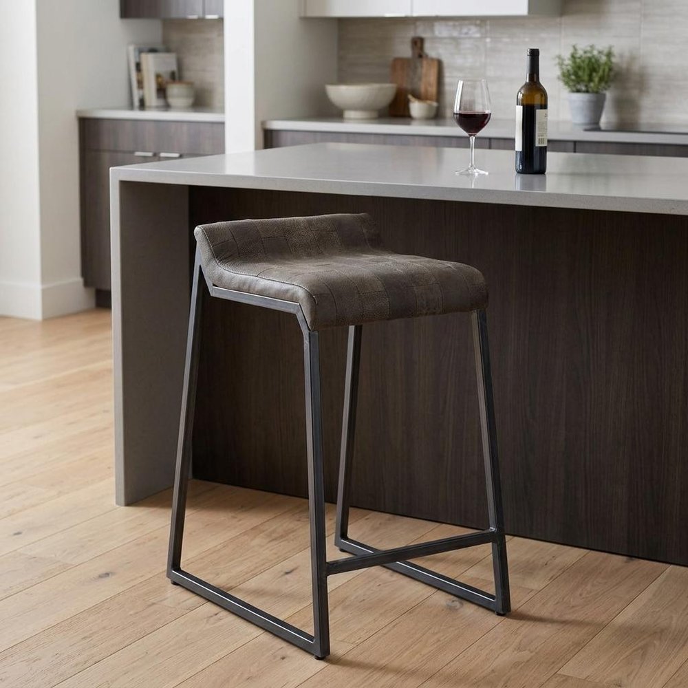 25" Brown And Black Leather And Iron Low Back Counter Height Bar Chair