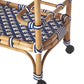 35" Navy Blue White And Natural Rolling Rattan Bar Cart