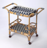 35" Navy Blue White And Natural Rolling Rattan Bar Cart