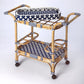 35" Navy Blue White And Natural Rolling Rattan Bar Cart