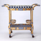 35" Navy Blue White And Natural Rolling Rattan Bar Cart