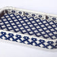 35" Navy Blue White And Natural Rolling Rattan Bar Cart