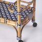 35" Navy Blue White And Natural Rolling Rattan Bar Cart