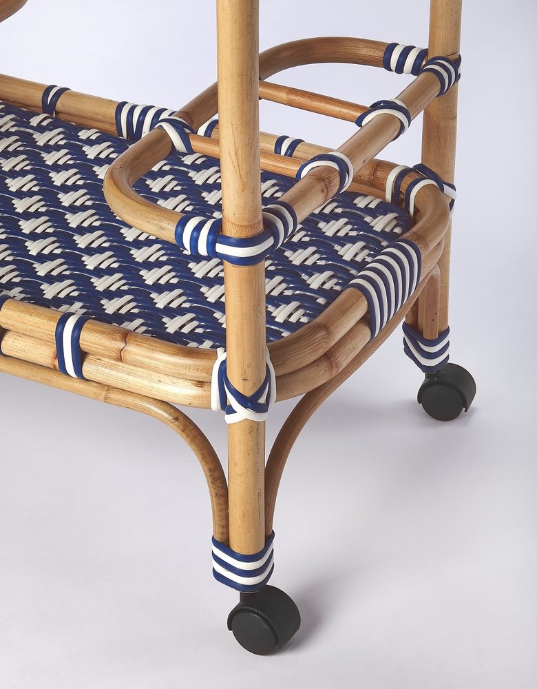 35" Navy Blue White And Natural Rolling Rattan Bar Cart