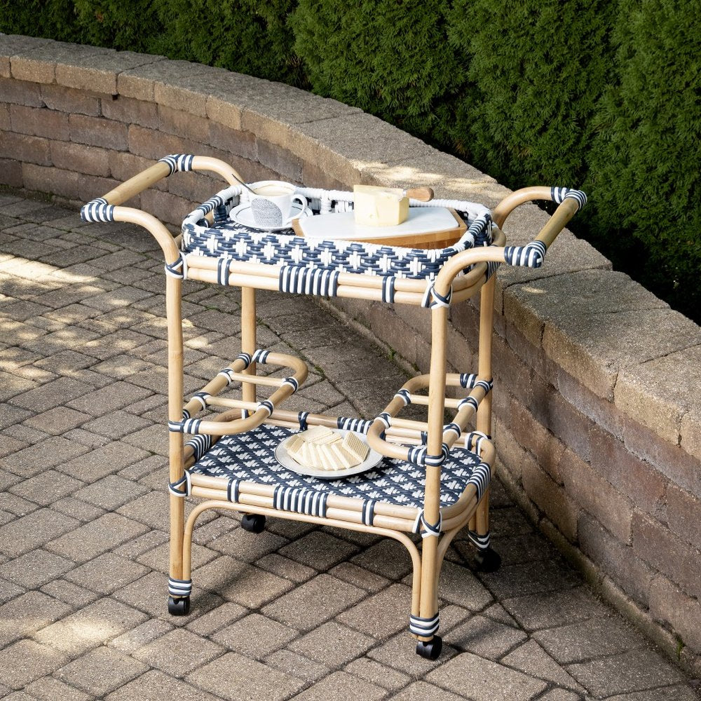 35" Navy Blue White And Natural Rolling Rattan Bar Cart