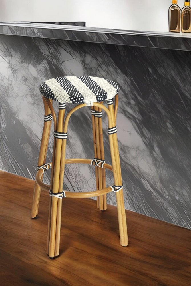 30" Blue and White and Natural Heavy Duty Rattan Backless Bar Height Bar Chair