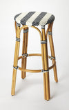 30" Blue and White and Natural Heavy Duty Rattan Backless Bar Height Bar Chair