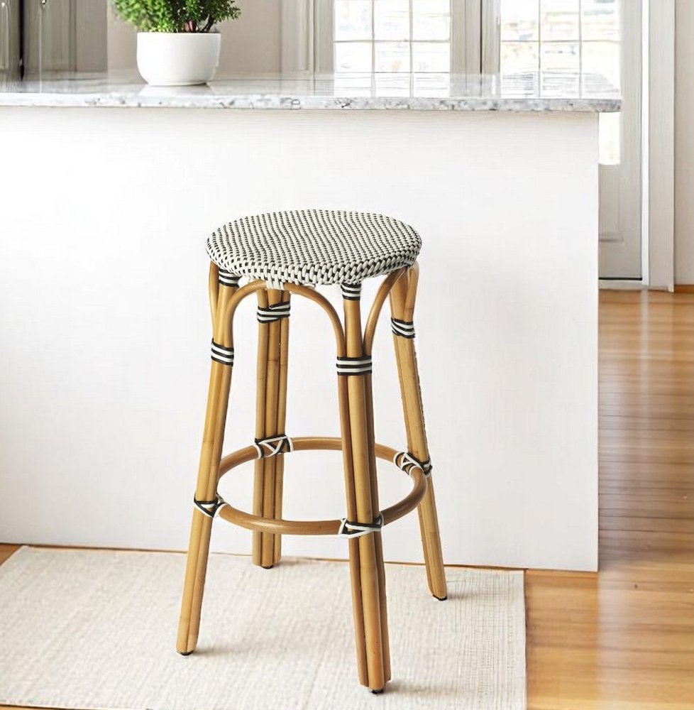 30" Natural Black and White Rattan Backless Bar Height Bar Chair