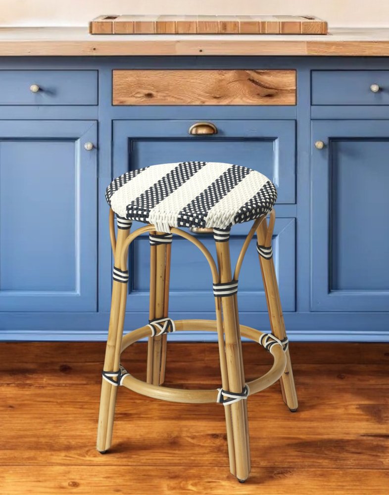 24" Blue White And Natural Rattan Backless Counter Height Bar Chair