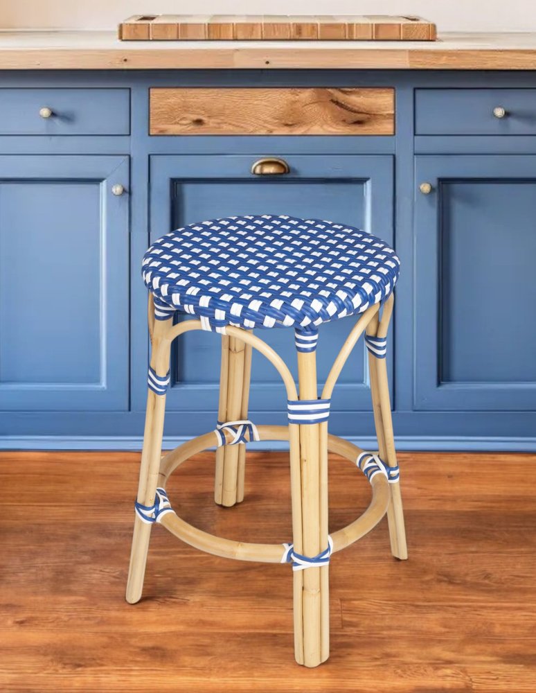 24" Blue and White and Wood Brown Heavy Duty Rattan Backless Counter Height Bar Chair