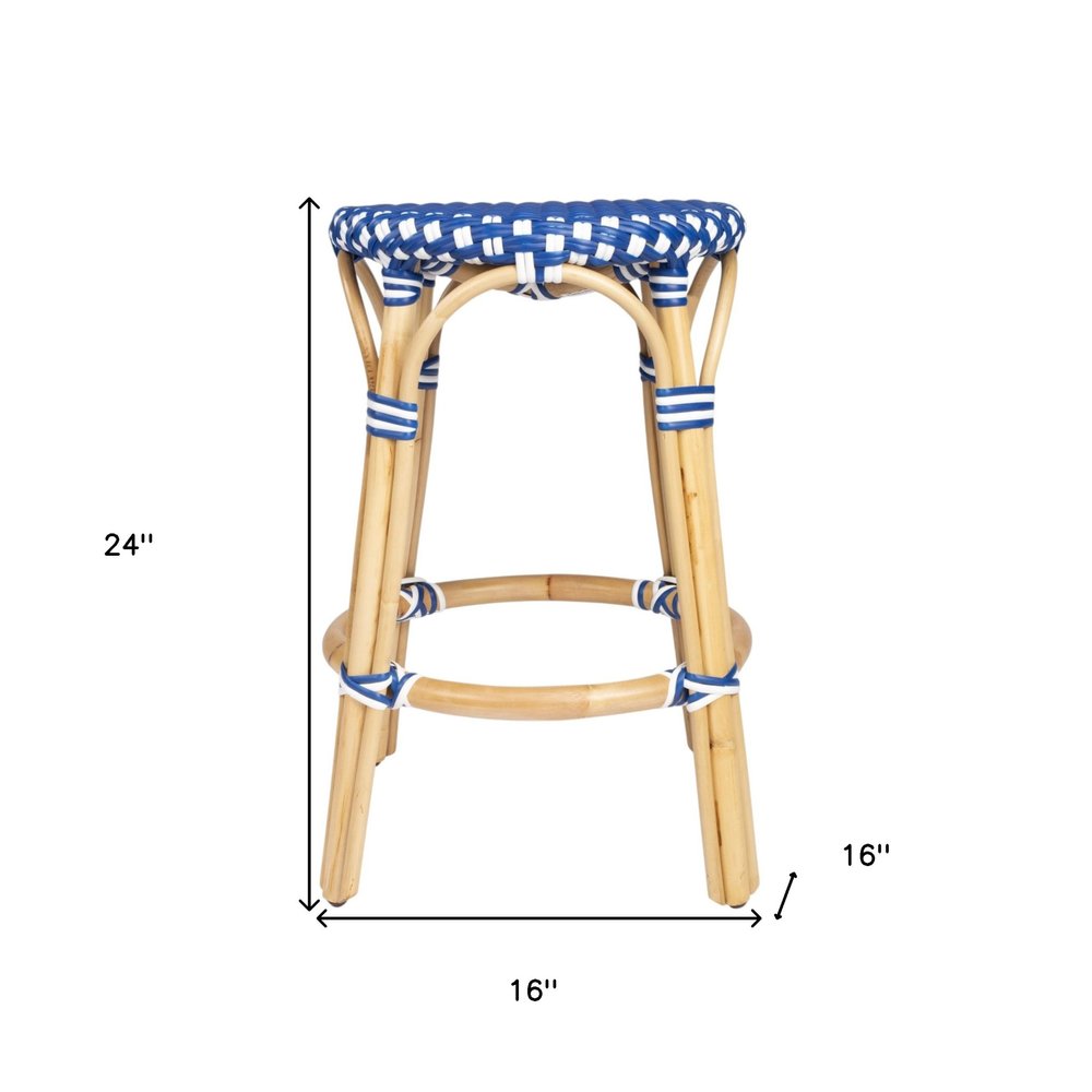 24" Blue and White and Wood Brown Heavy Duty Rattan Backless Counter Height Bar Chair