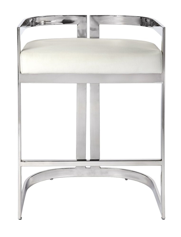 28" White and Silver Stainless Steel and Iron Low Back Counter Height Bar Chair