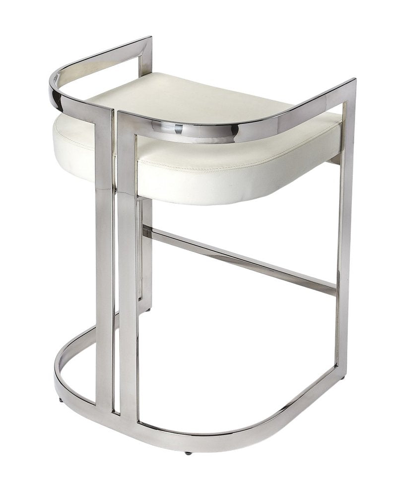 28" White and Silver Stainless Steel and Iron Low Back Counter Height Bar Chair