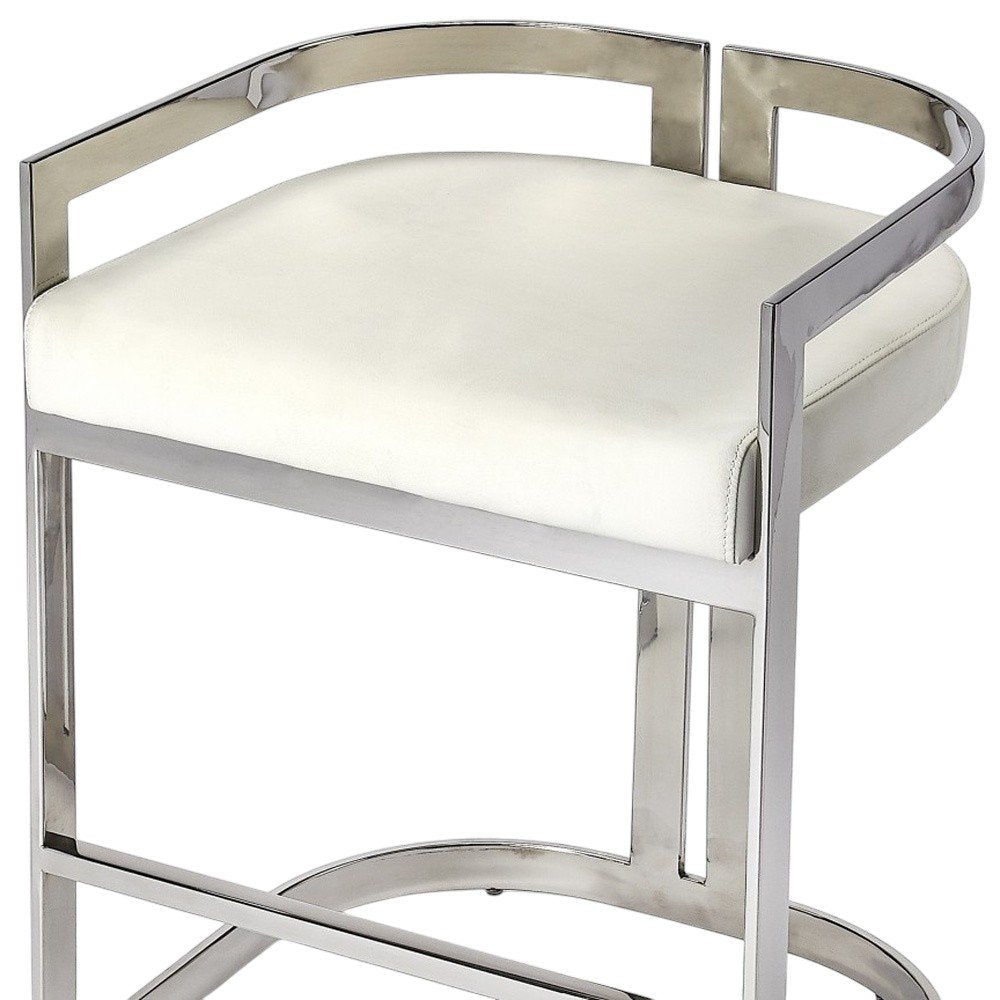 28" White and Silver Stainless Steel and Iron Low Back Counter Height Bar Chair
