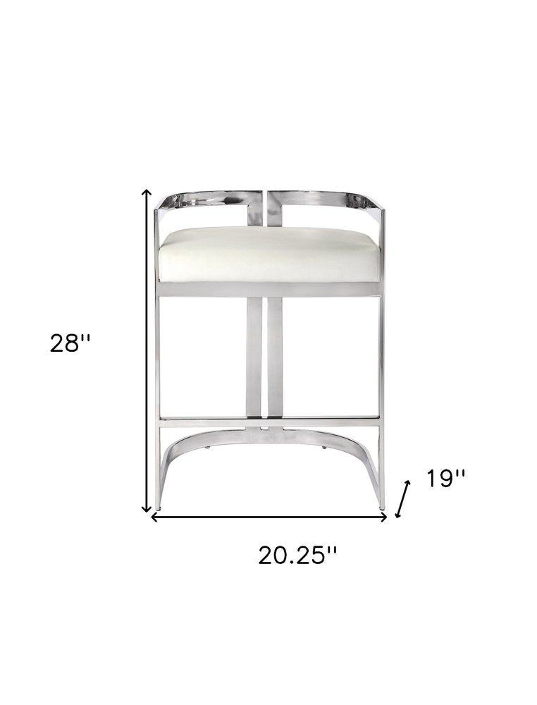 28" White and Silver Stainless Steel and Iron Low Back Counter Height Bar Chair