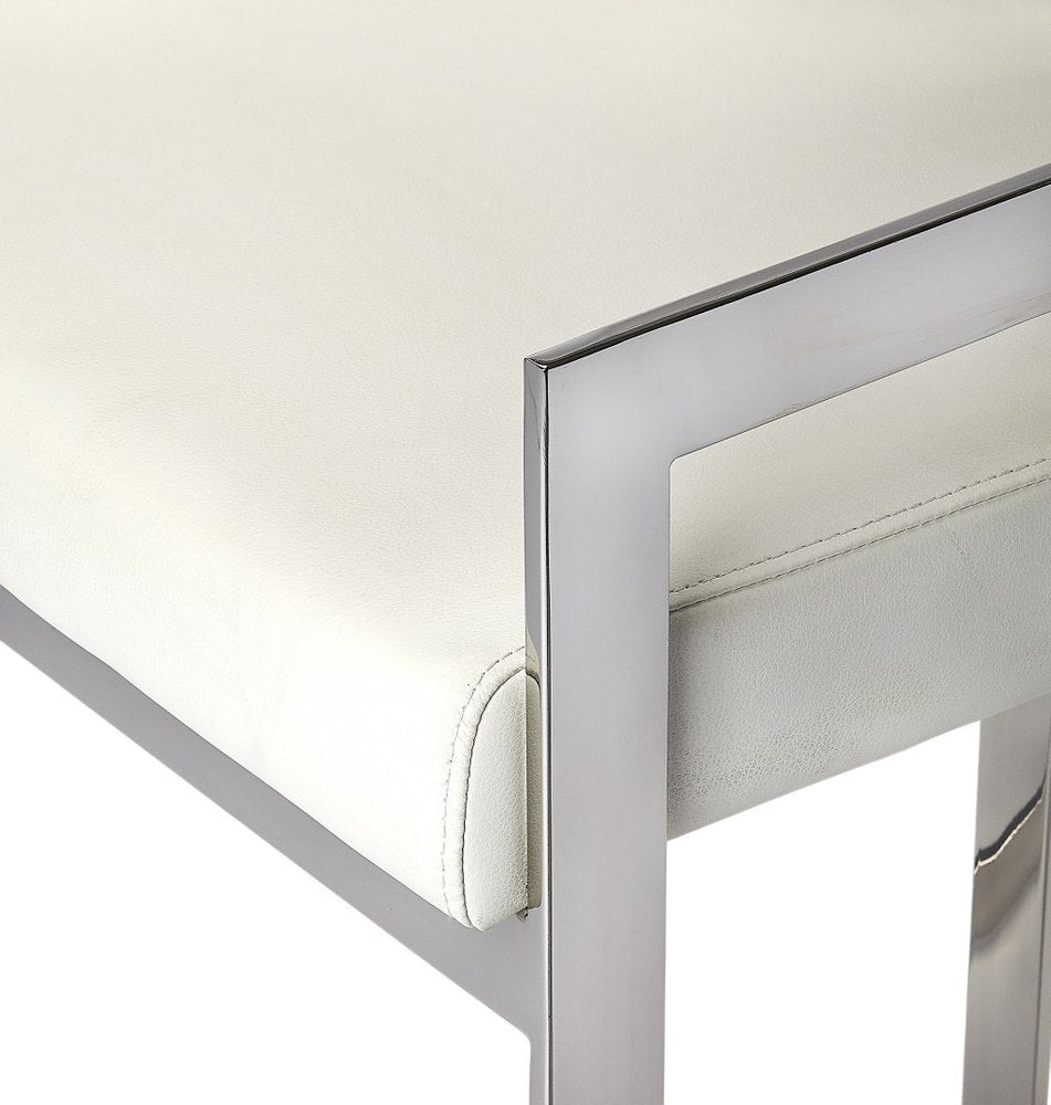 28" White and Silver Stainless Steel and Iron Low Back Counter Height Bar Chair
