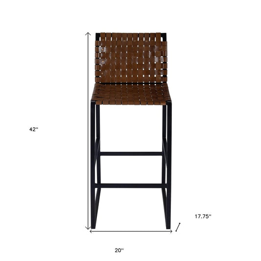 28" Brown and Black Leather and Iron Bar Chair