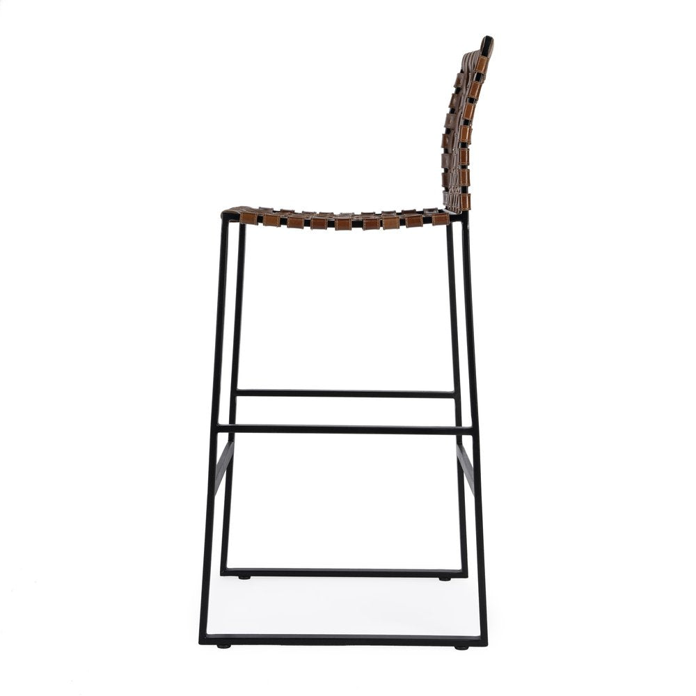 28" Brown and Black Leather and Iron Bar Chair