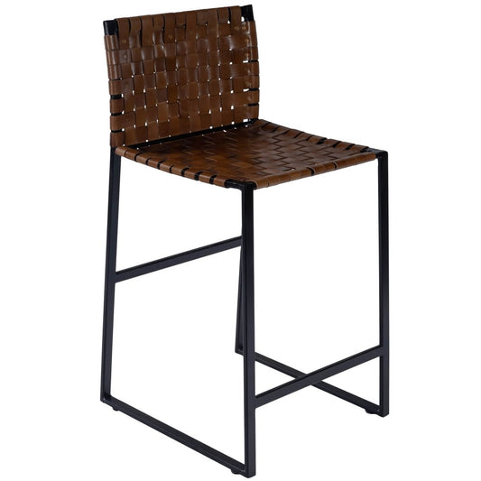 36" Brown and Black Leather and Iron Bar Chair