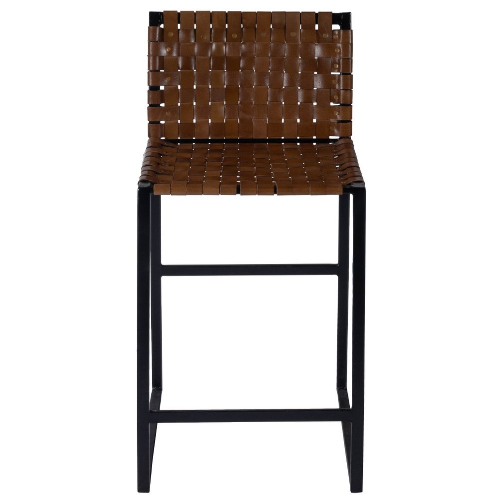 36" Brown and Black Leather and Iron Bar Chair