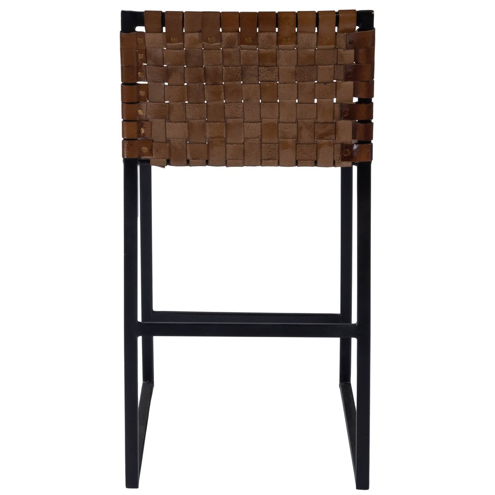 36" Brown and Black Leather and Iron Bar Chair
