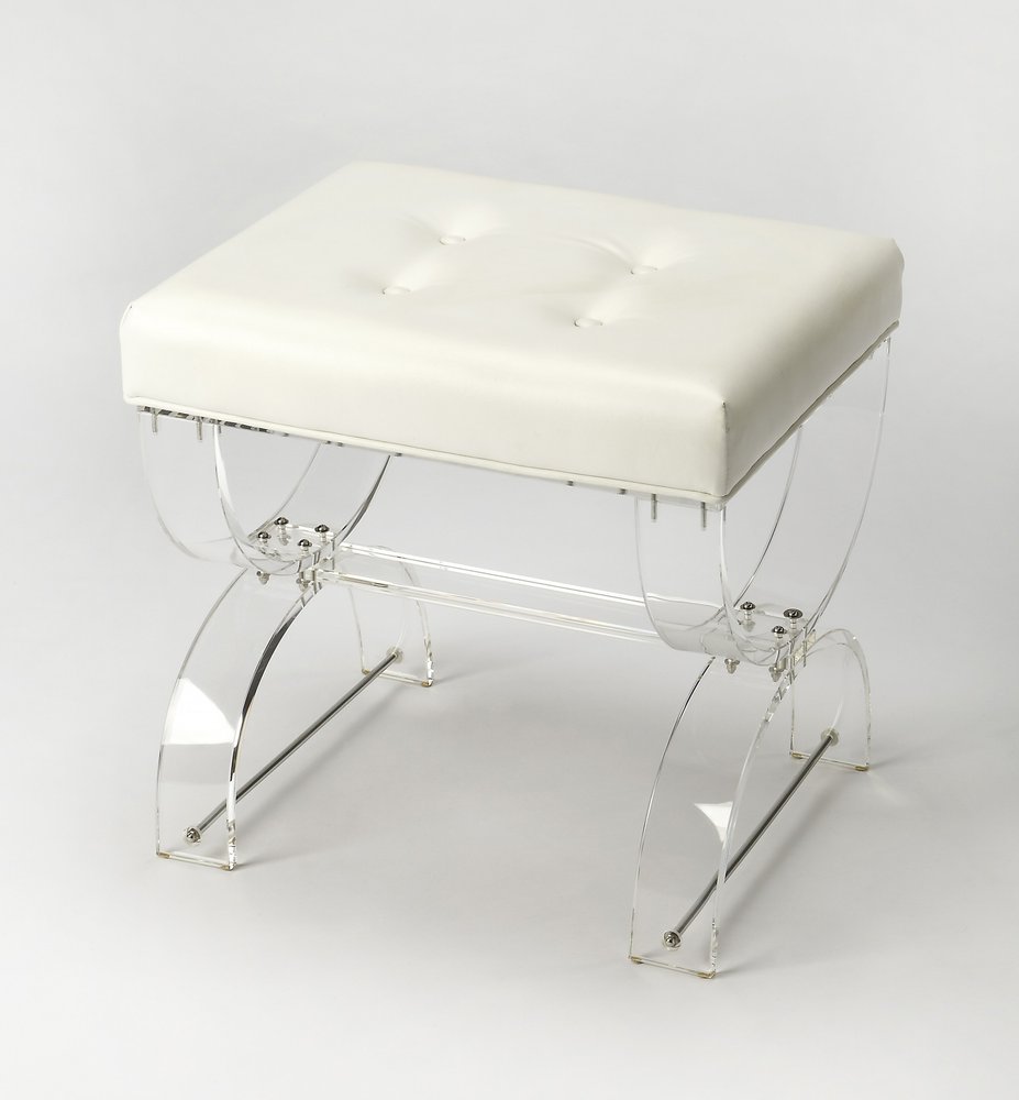 21" White and Clear Faux Leather Tufted Ottoman