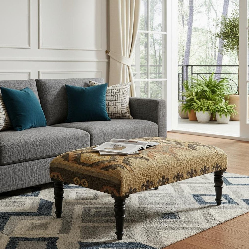 36" Brown Linen Footstool Ottoman