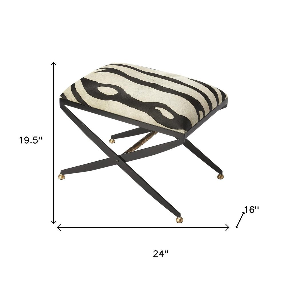 24" Black And White Cotton Blend And Black Ottoman