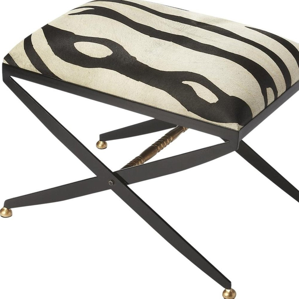 24" Black And White Cotton Blend And Black Ottoman