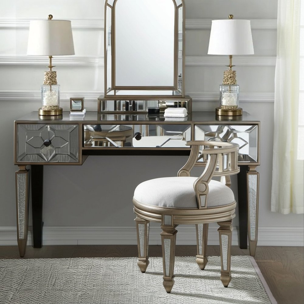 21" Cream Linen And Silver Metallic Round Ottoman