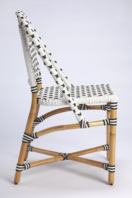 21" Black And White Woven Faux Rattan Outdoor Dining Chair