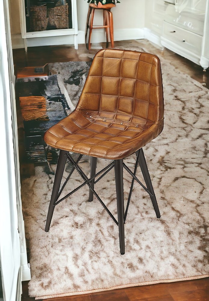 18" Brown Faux Leather Checkered Tufted Side Chair