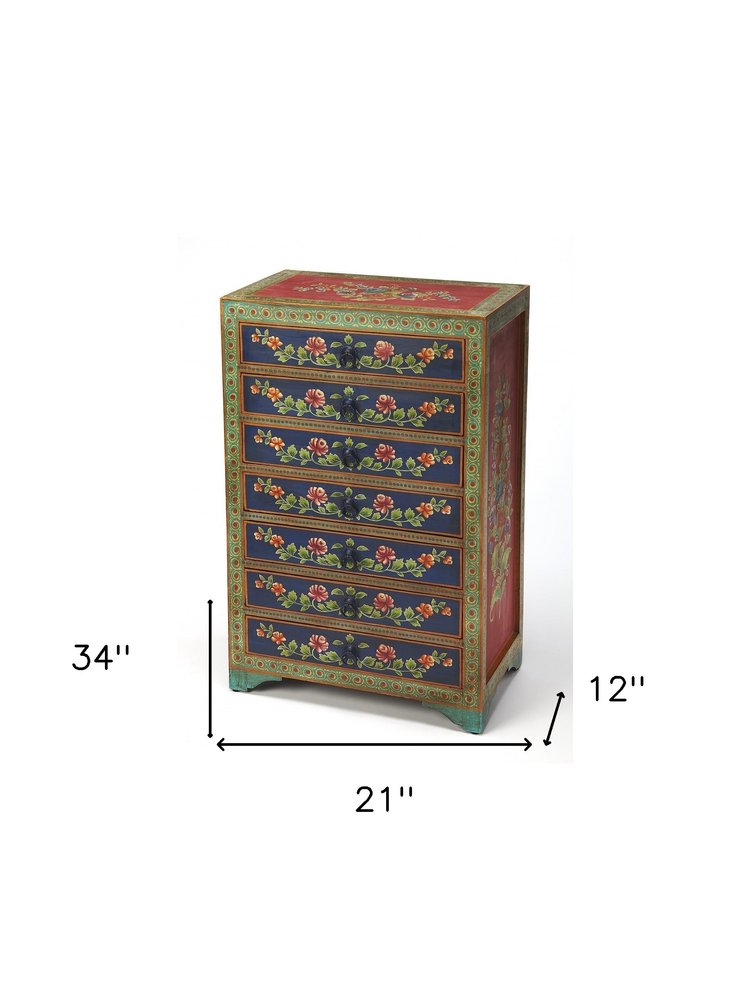 21" Blue and Green Solid Wood Seven Drawer Standard Chest