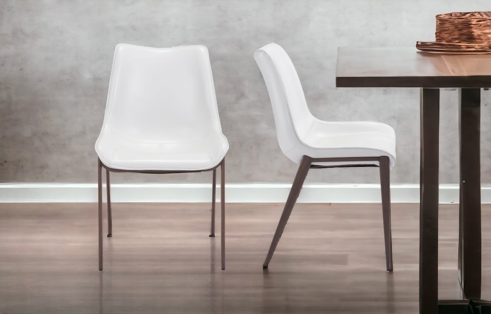 Set of Two White and Brown Upholstered Faux Leather Dining Side Chairs