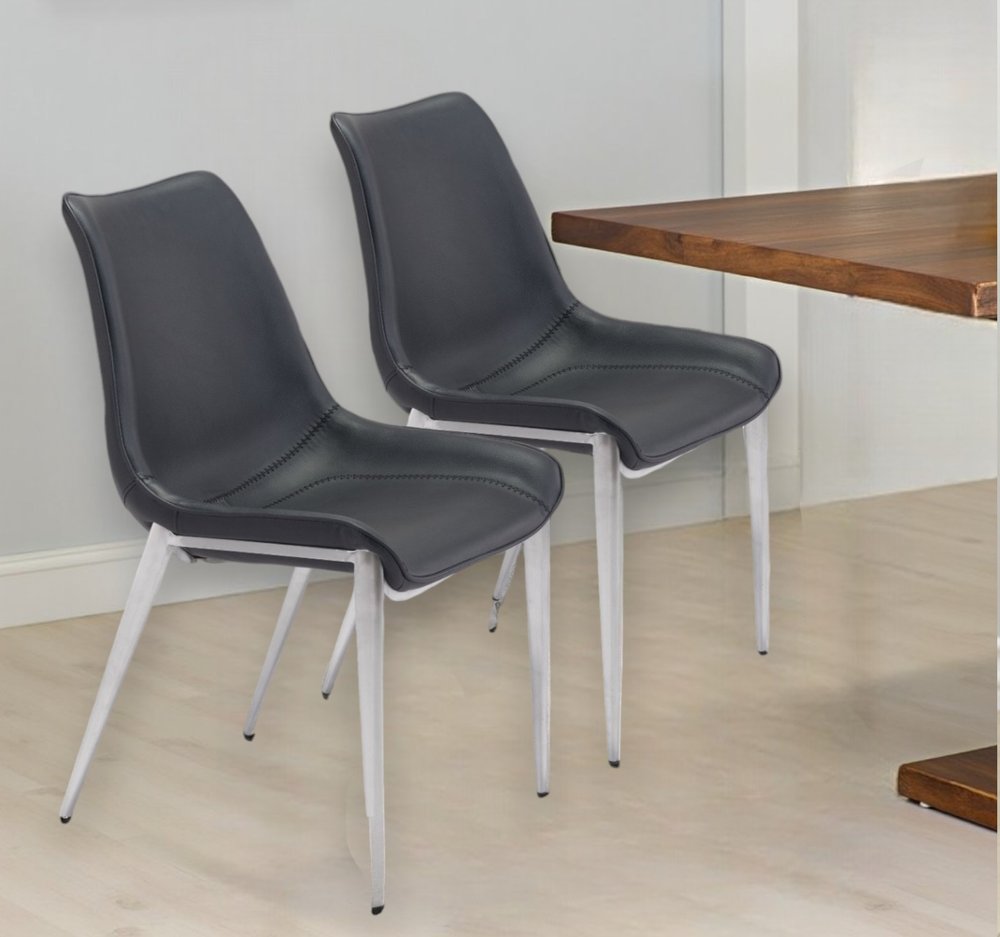 Set of Two Black and Silver Upholstered Faux Leather Dining Side Chairs