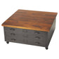 36" Brown and Gray Solid Wood and Metal Square Coffee Table With Three Drawers