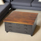 36" Brown and Gray Solid Wood and Metal Square Coffee Table With Three Drawers